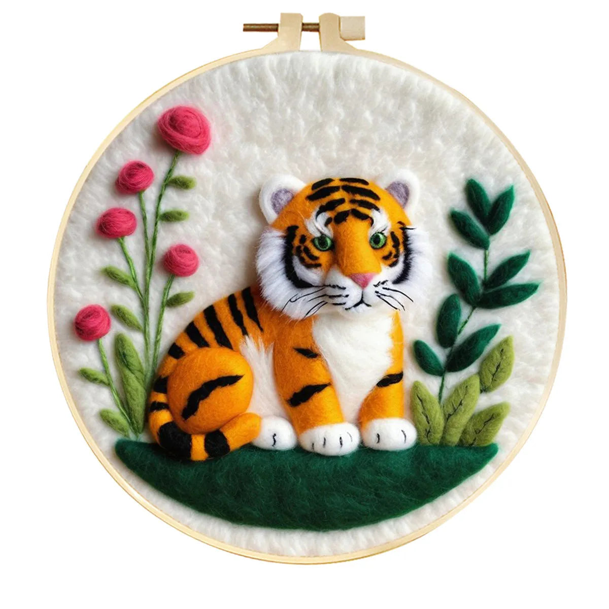 Round 20x20 cm linen embroidery kit with wool felt pieces for floral design and included embroidery frame.