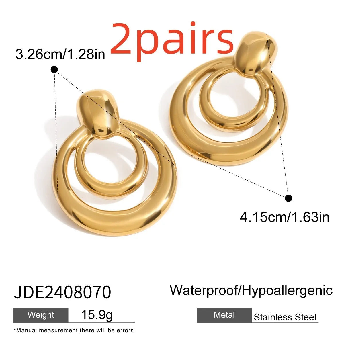 Golden round double layer hollow stud earrings with 18K gold electroplating on titanium steel