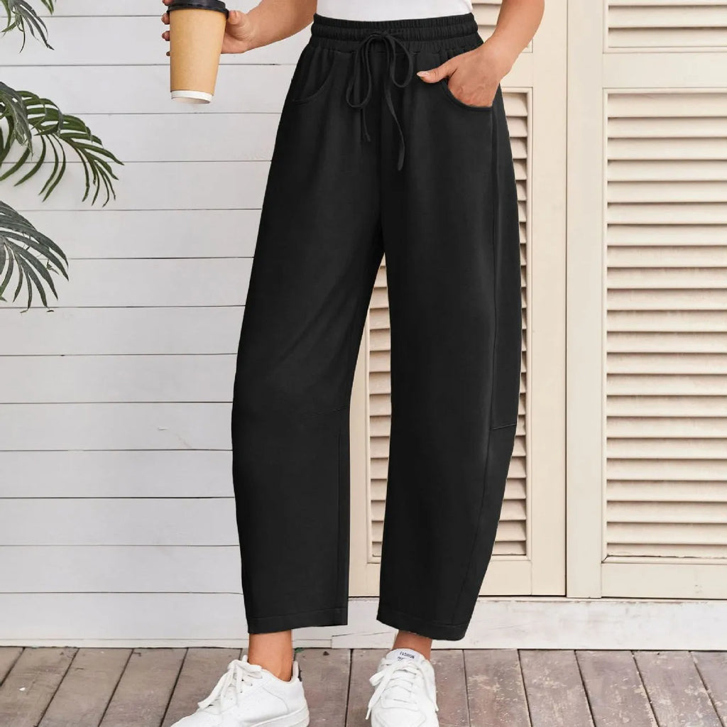 Cotton loose cropped sweatpants with elastic waist in seven colour options including apricot and army green