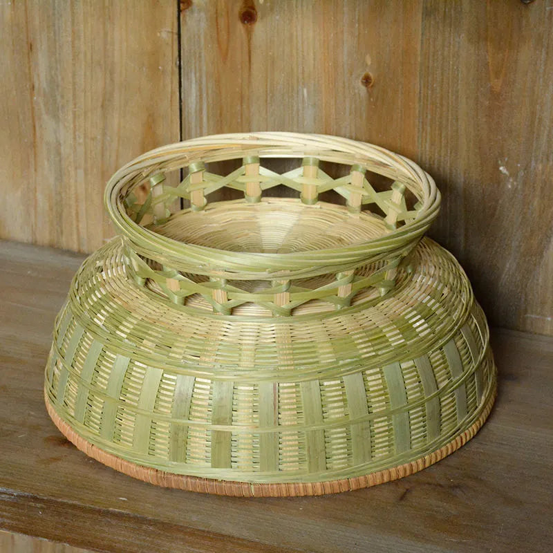Handmade natural bamboo storage basket shown in three size variants for home organisation.