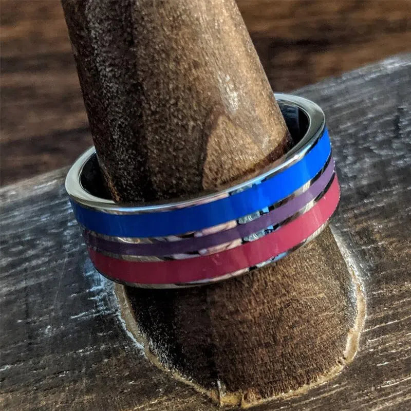 Bisexual pride stainless steel ring, geometric unisex alternative style, available in sizes 6 to 13