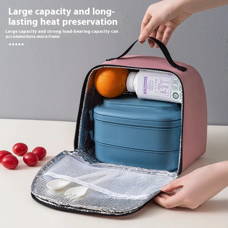 Insulated lunch box bag in textured cloth fabric with large capacity for bento containers