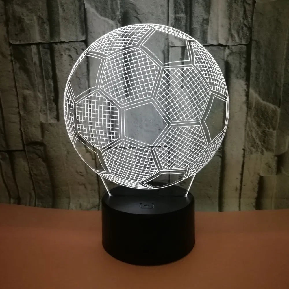 3D acrylic football night light displaying blue colour on a square black ABS base with USB cable.