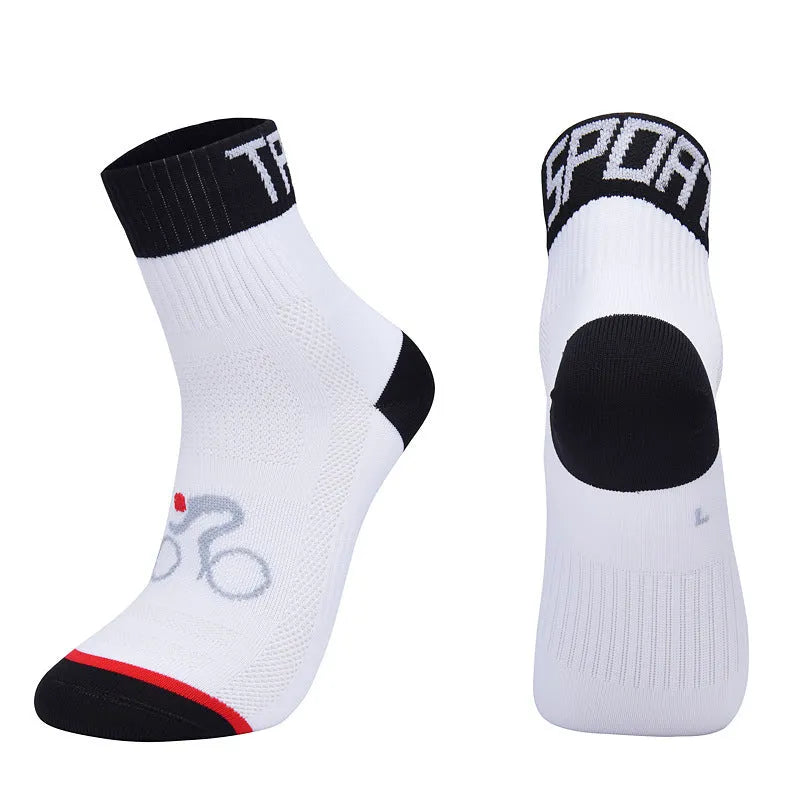 Set of professional outdoor nylon cycling and running socks in black, blue, green, orange and white colours, available in sizes M to XL