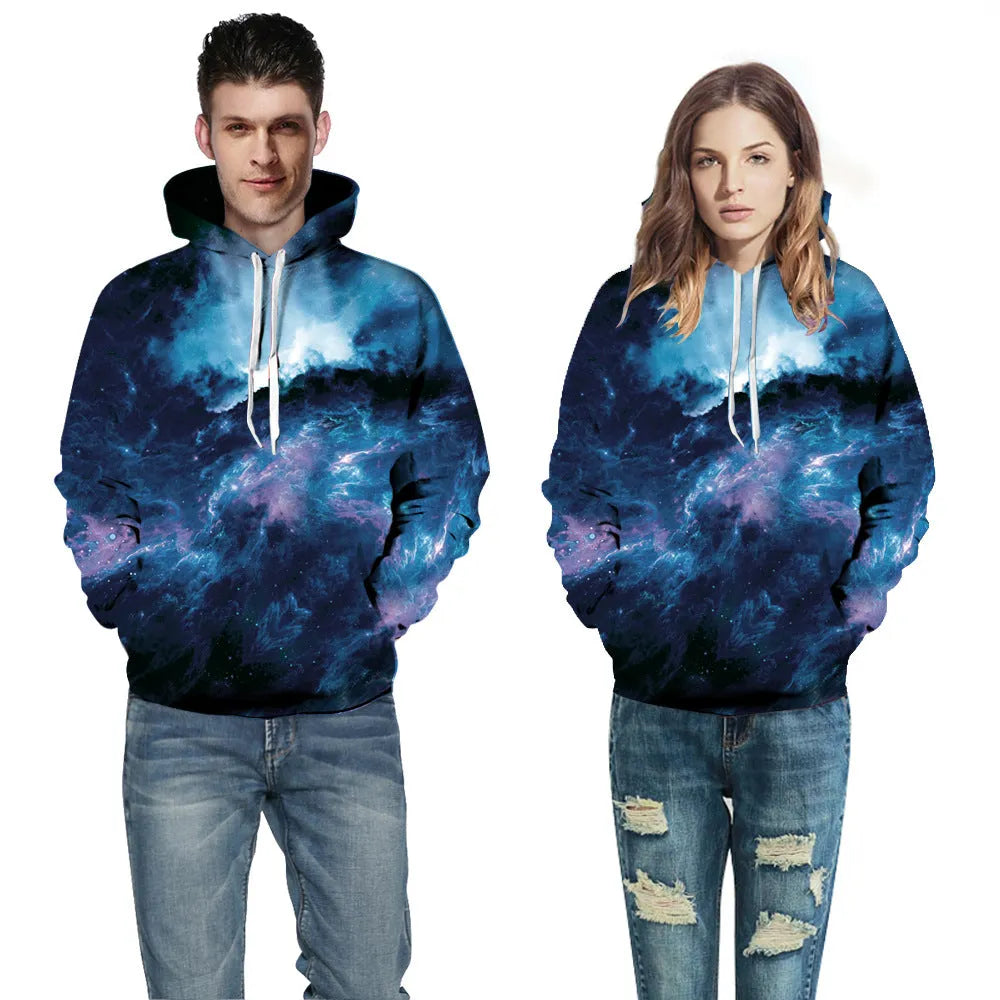 Deep Blue Galaxy Hoodie in polyester spandex blend, front view, deep blue colour with galaxy pattern