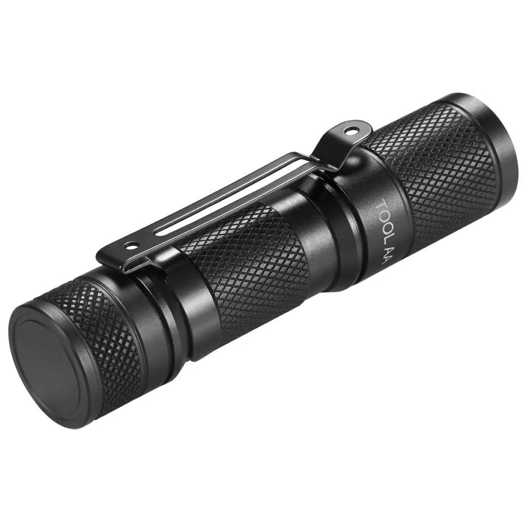 Lumintop Tool AA2.0 black compact keychain flashlight with Cree LED on metallic background