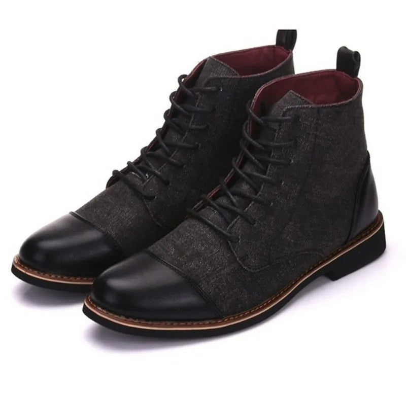 Men's black leather motorcycle boots with a buckle detail and rubber sole