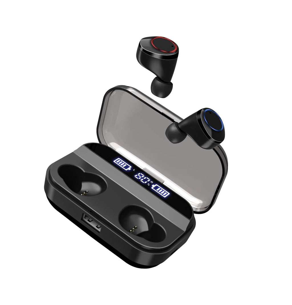 X11 black wireless Bluetooth earphones and charging case with silicone ear tips.