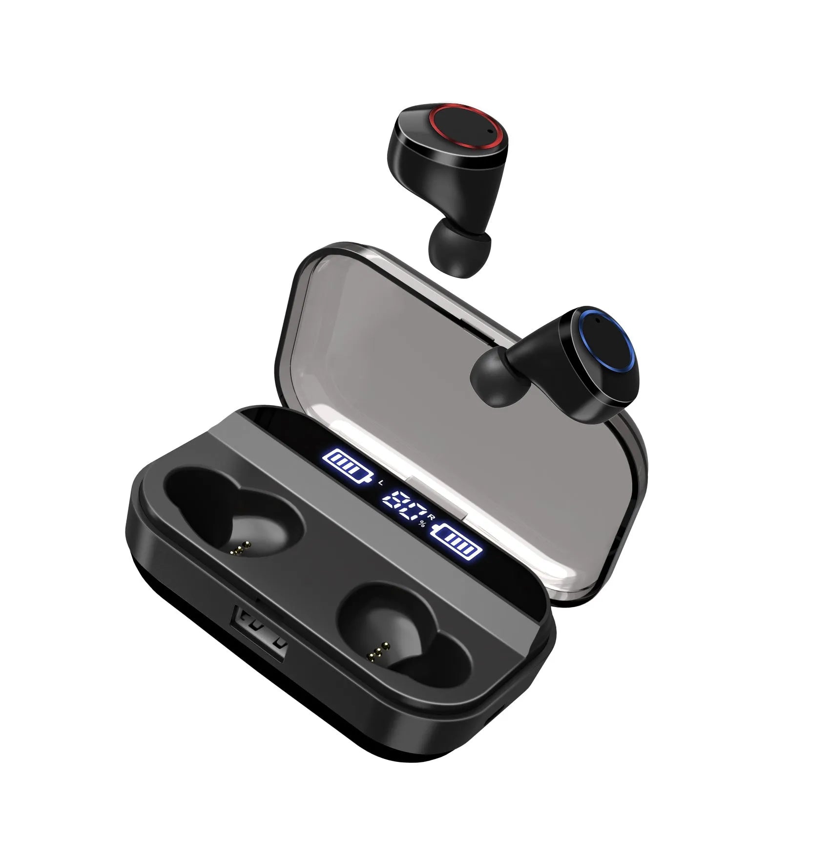 X11 black wireless Bluetooth earphones and charging case with silicone ear tips.