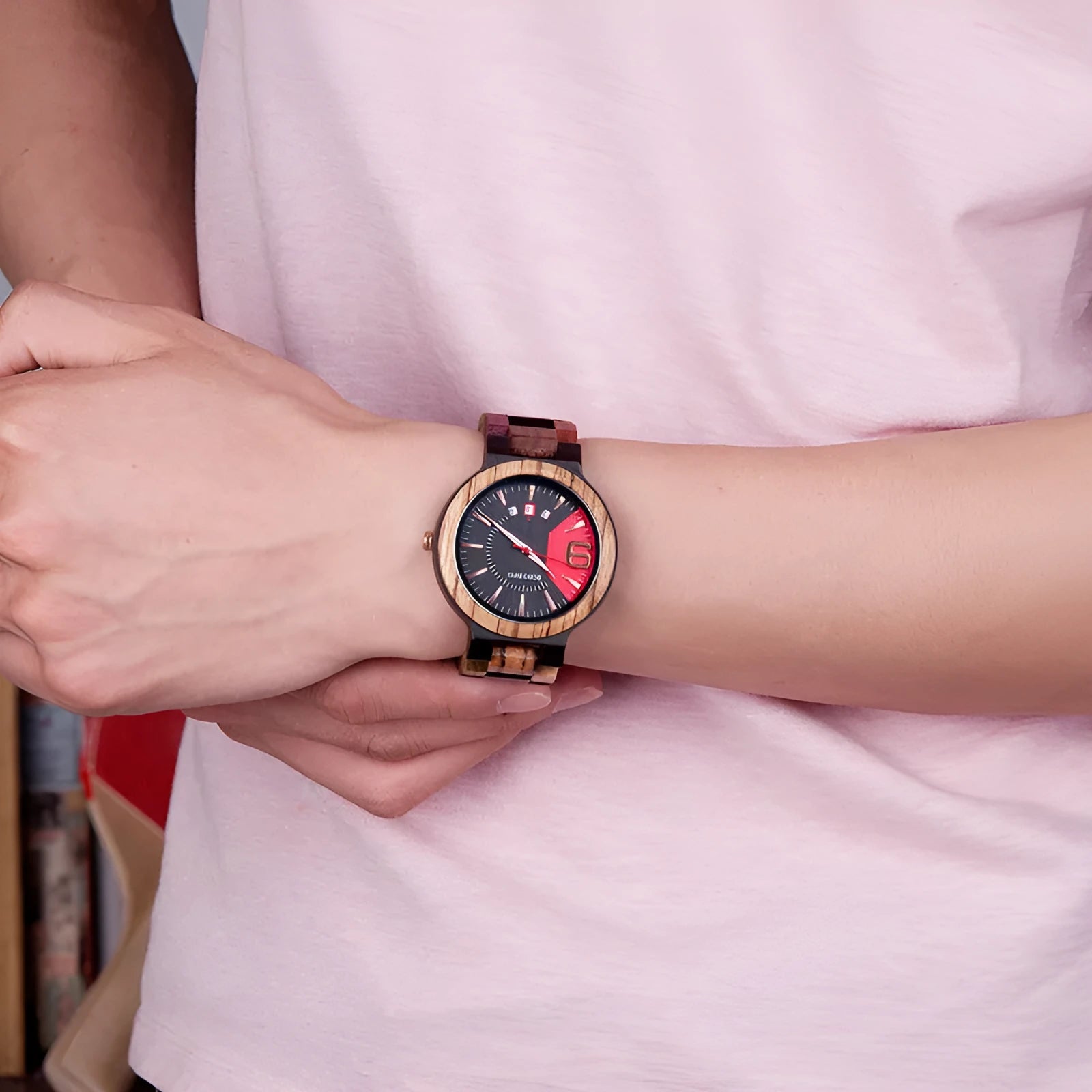 BOBO BIRD Q13 men's wooden watch black red natural wood case 44mm