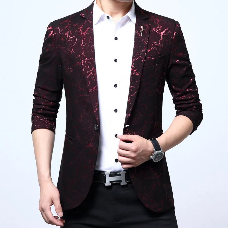 Men's slim casual Korean-style suit in black with suit collar, single-breasted button, and long sleeves on a mannequin