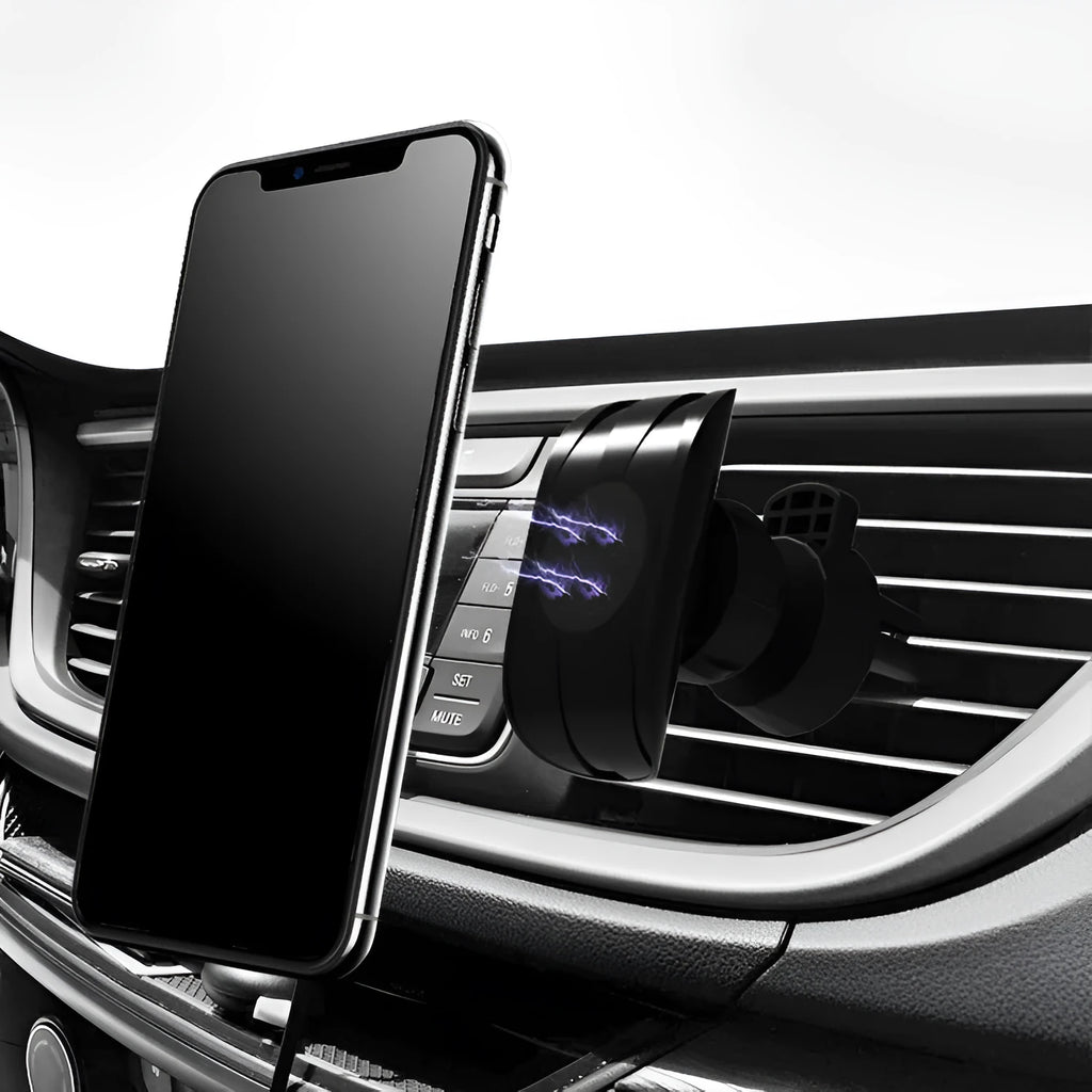 Black car phone holder with magnetic mount and adjustable rotation head