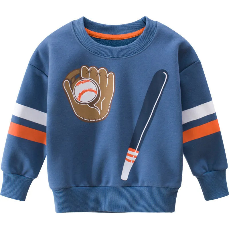 Blue children's velvet fleece pullover with cartoon sports pattern for boys aged 3 to 8