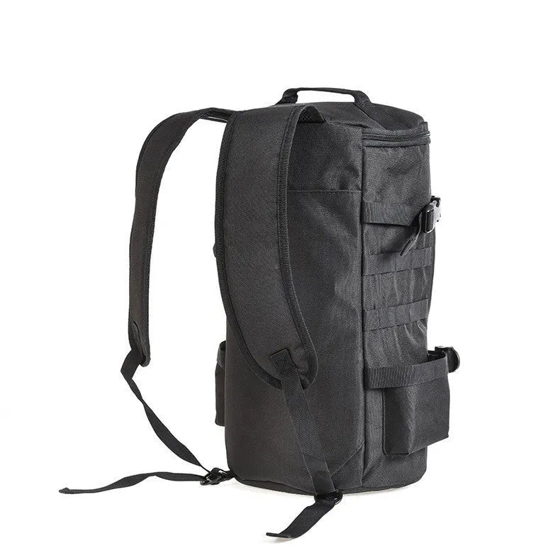 Cylinder fishing tackle backpack black polyester fabric 23L capacity 45x26x26cm