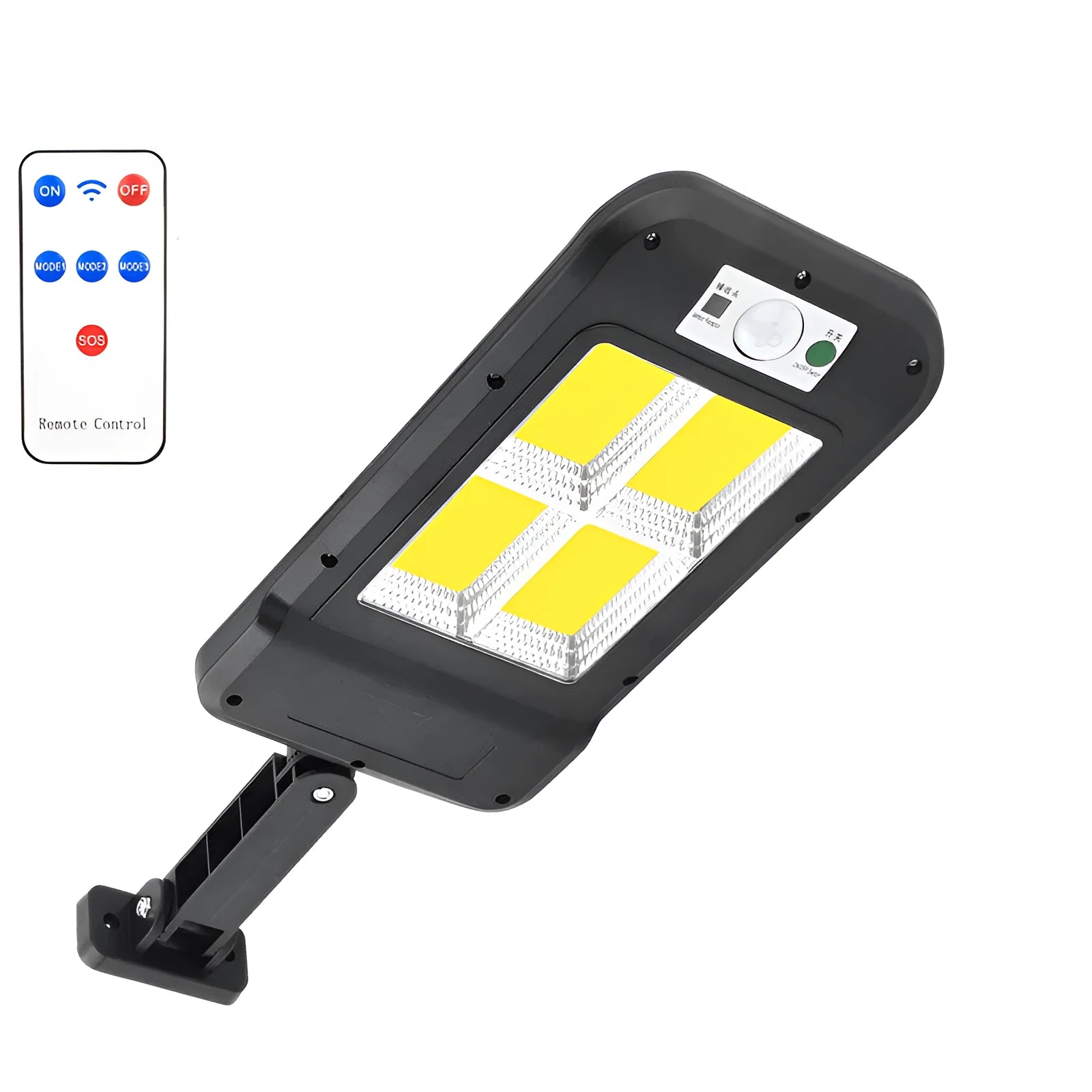 Solar wall light with 160COB LED lamps and motion sensor mounted on outdoor wall