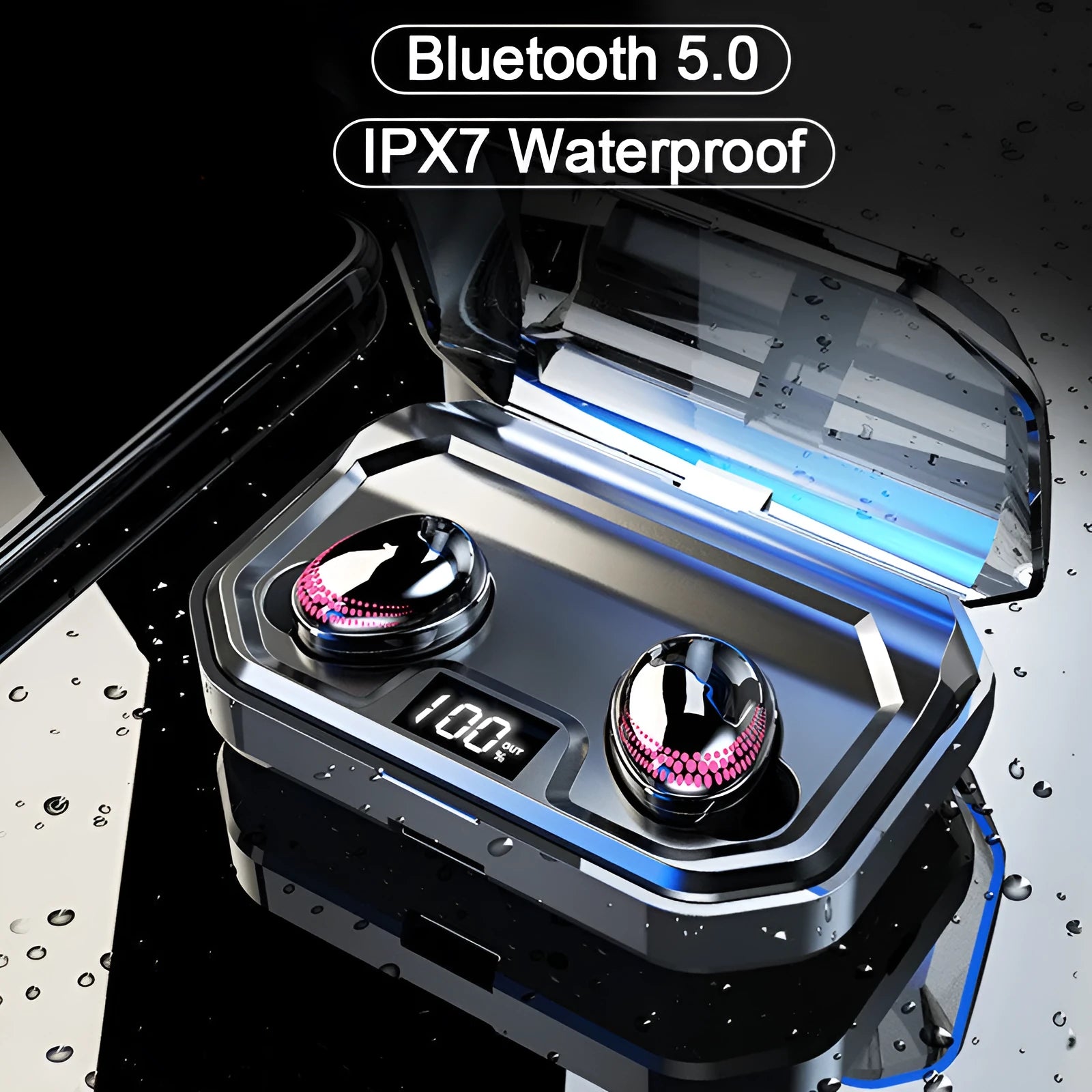 Black X10 Bluetooth wireless earbuds with charging case showing 8-hour call time specification
