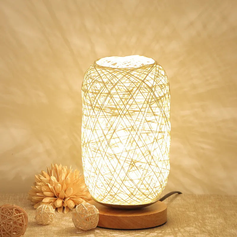Sepak Takraw twine desk lamp with hemp rope shade and solid wood base
