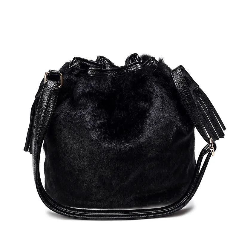 Fashion ladies plush bucket bag in plain pattern with draw belt closure and single strap, available in multiple colours