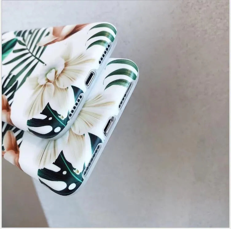 Floral banana leaf art soft TPU phone case for iPhone on white background