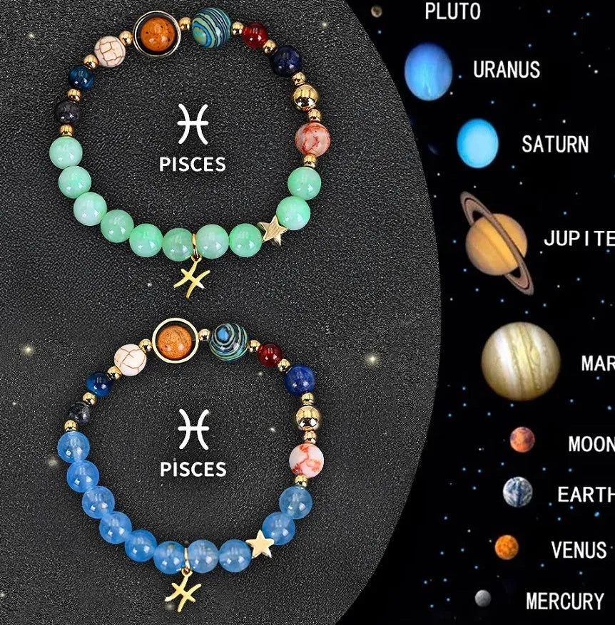 Natural stone beaded zodiac bracelets showing twelve animal signs on elastic cord