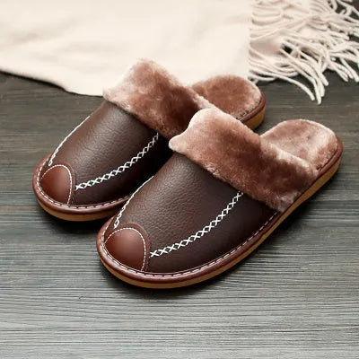 Couple cotton slippers winter home with leather surface and TPR sole in brown