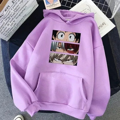 Unisex loose hoodie sweater with three eyes print in black, long sleeves, polyester fabric, front view