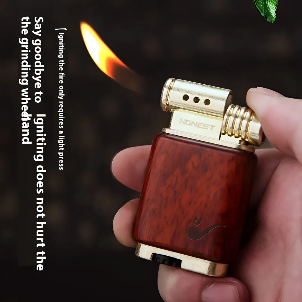 Ebony gas lighter in black wood and rosewood decorative designs