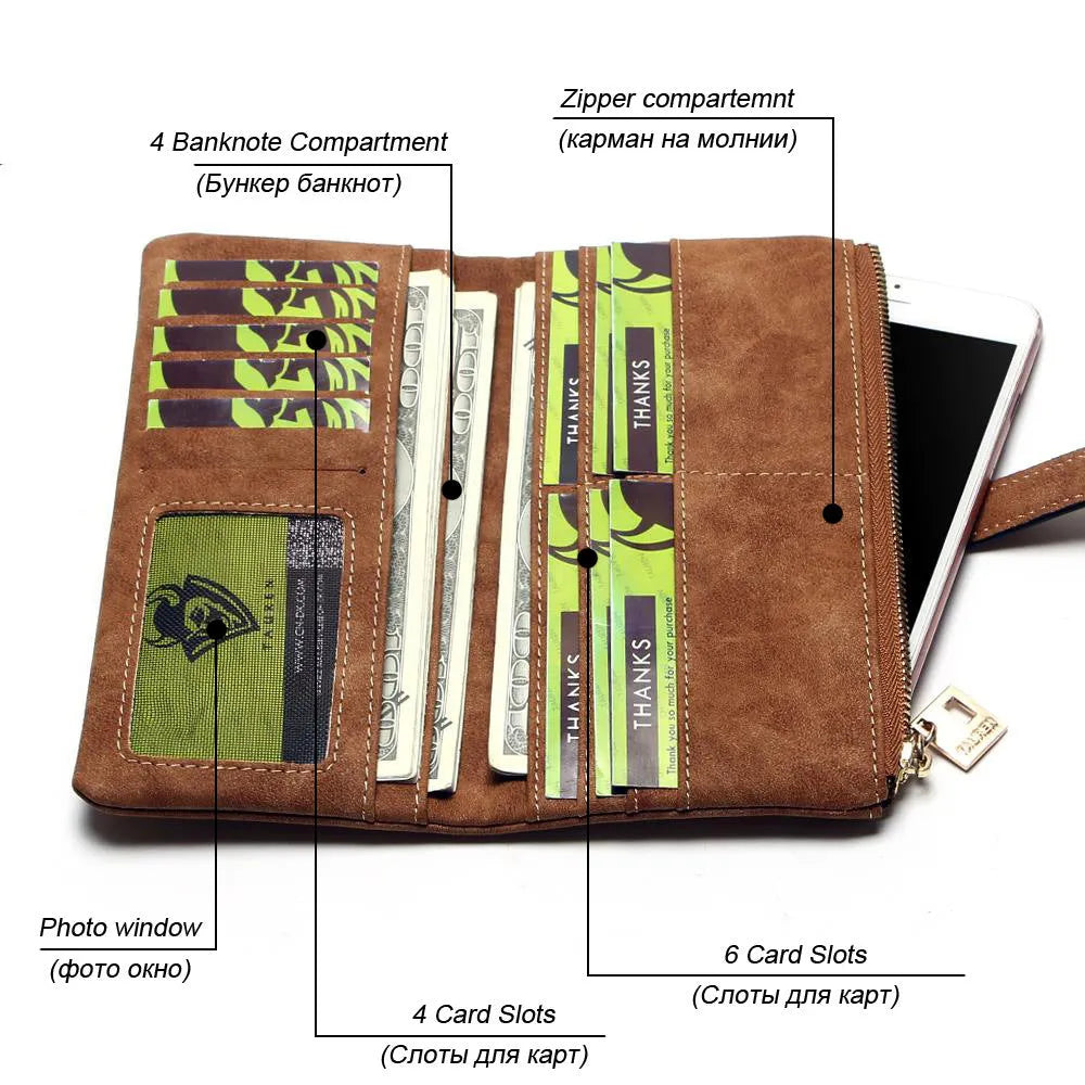 TAUREN retro matte leather women's long wallet open showing card slots and zip closure