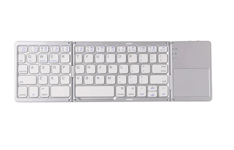 Ultra-thin tri-fold folding touch Bluetooth keyboard in black with touchpad, folded and spread views