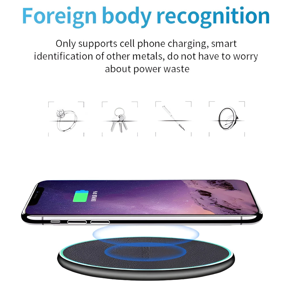 Black Qi wireless fast charging pad for iPhone 11 on a wooden surface.