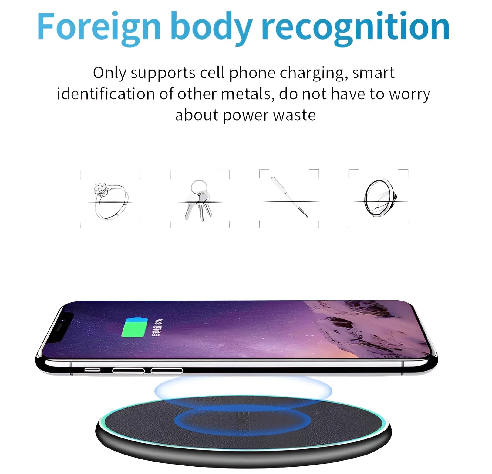 Black Qi wireless fast charging pad for iPhone 11 on a wooden surface.