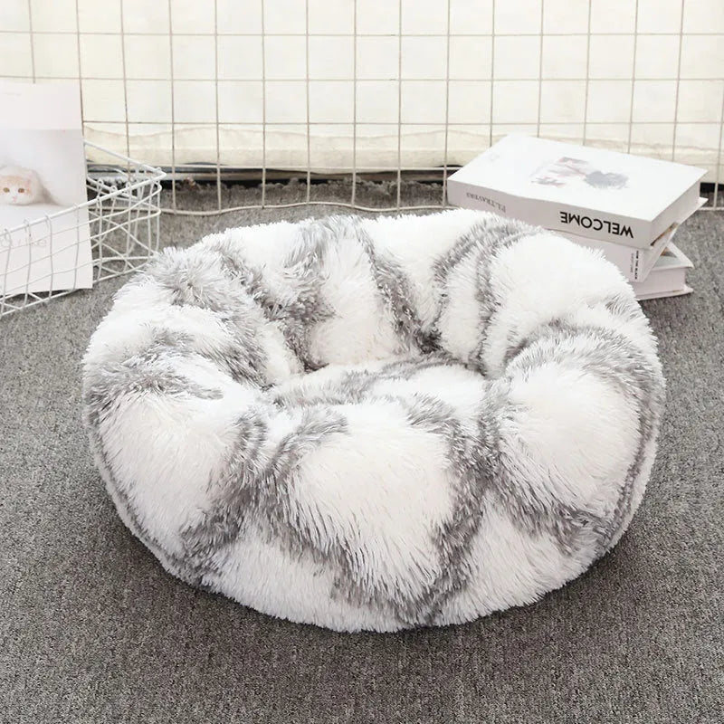 Round PV plush pet bed with raised rim in khaki colour for dogs and cats