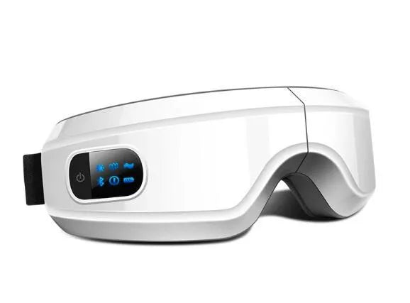 Black rechargeable eye massager with LCD screen, adjustable headband, and Bluetooth music player showing air pressure and hot compress functions