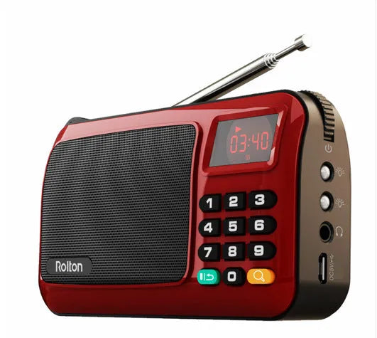 Rolton W405 portable FM radio and MP3 speaker in blue, showing LED screen and compact size