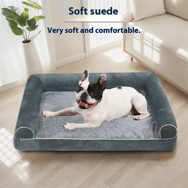 Square breathable dog bed with sponge filling and cloth cover, shown in a neutral colour.
