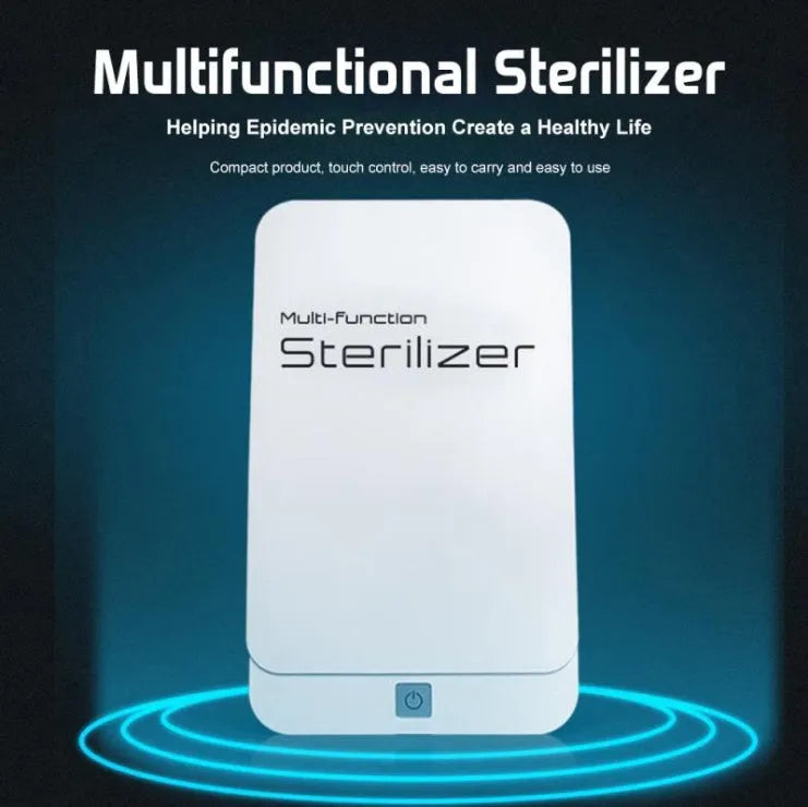 Blue UV phone sterilizer disinfection machine with open lid showing interior chamber