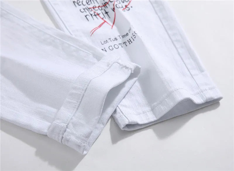 White shredded embroidery jeans for women cotton denim straight leg ankle length high waist distressed pants