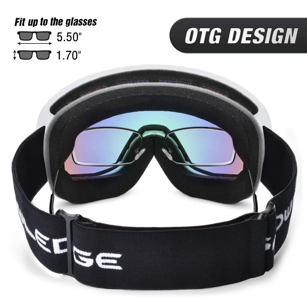 Double-layer anti-fog ski goggles in glossy white frame with pink dual lens and SNOWLEDGE laser logo