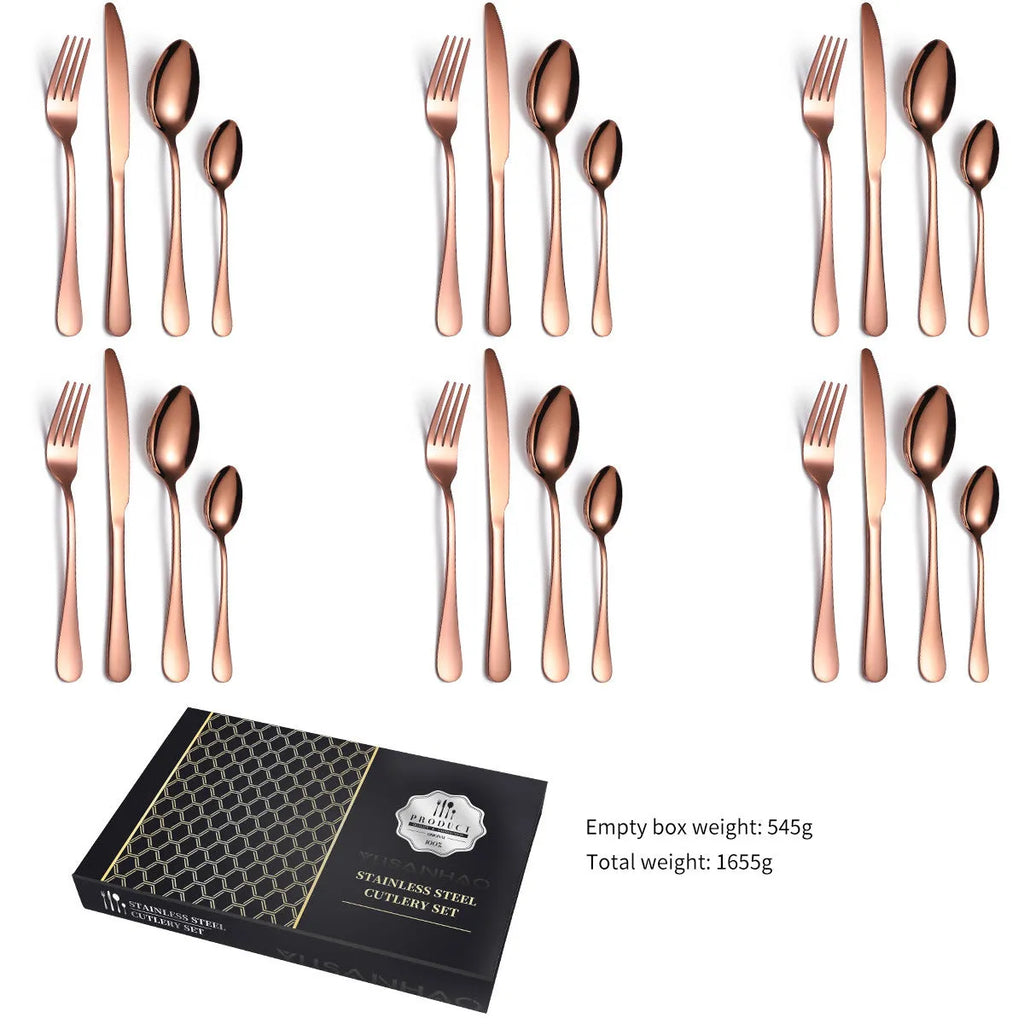 24 piece 18/10 stainless steel cutlery set with silver finish, includes knives, forks, and spoons for service of six