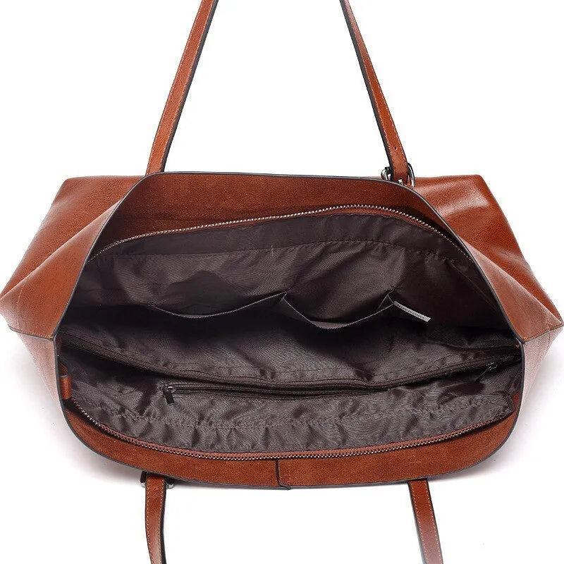 Wax cowhide leather handbag with horizontal design and two compartments