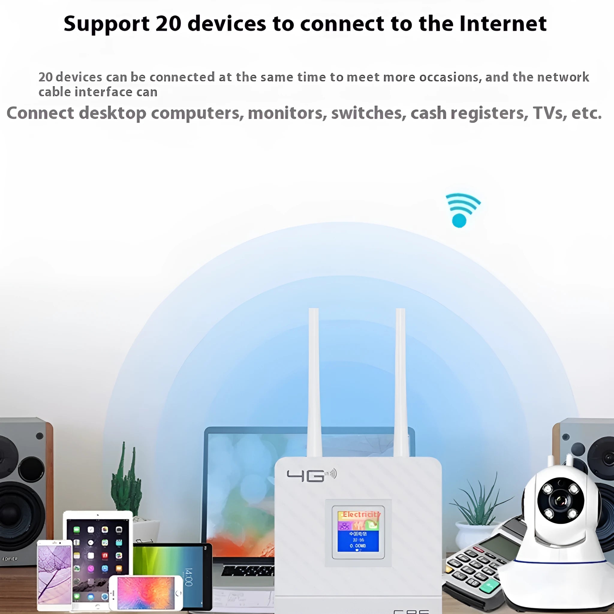 Home office shared display LTE router with two antennas, USB cable, and power adapter