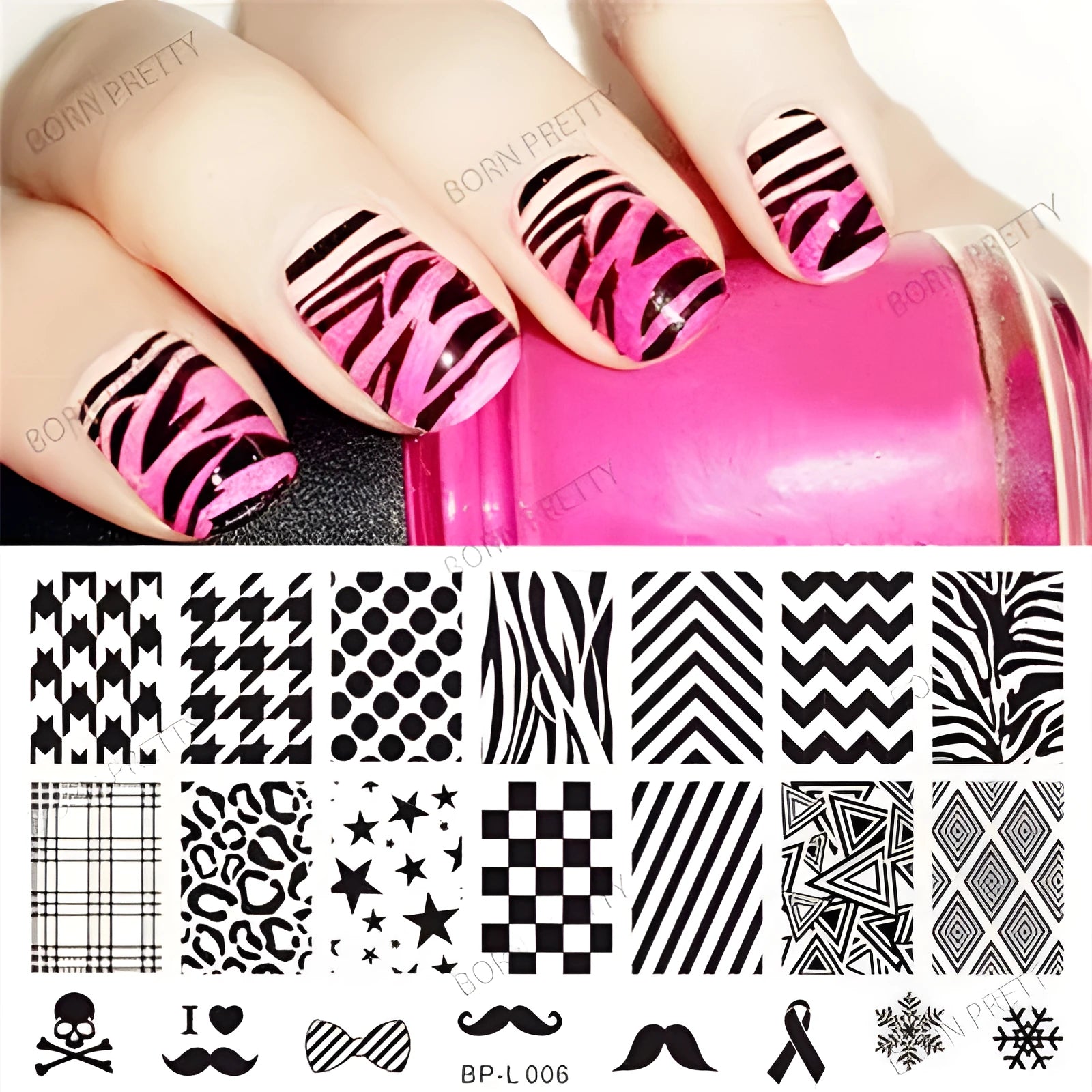 Nail art printing template set with pattern series BP-L006 on white bottom board