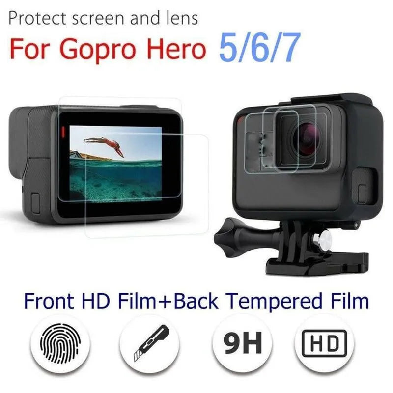 Transparent tempered glass screen and lens protector kit for GoPro Hero 5, 6, and 7 cameras