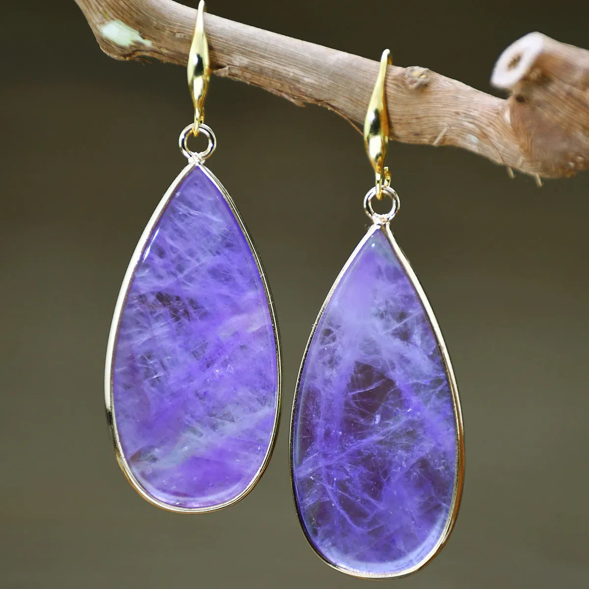 Handcrafted vintage stone water droplet earrings in tigereye, amethyst, pink crystal, redstone and turquoise colours