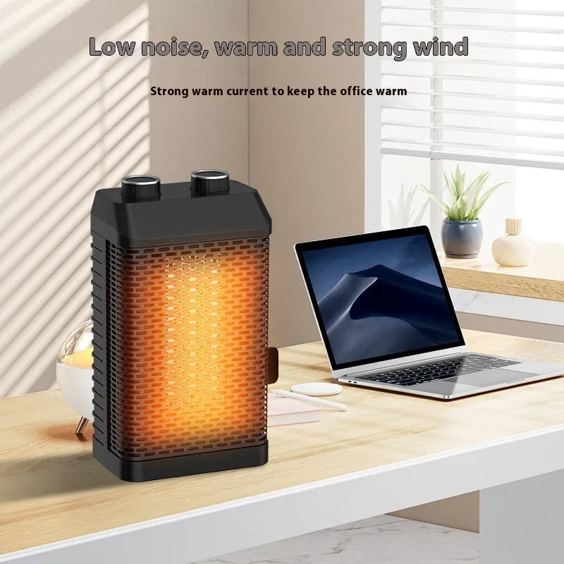 Black remote control desktop warm air blower heater with shaking head, dimensions 14.5x10x26cm