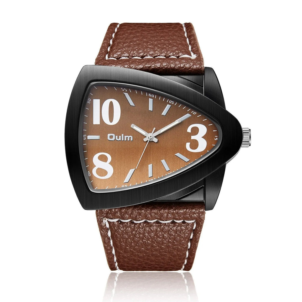 Men's brown casual watch with triangular geometric strap design and quartz movement