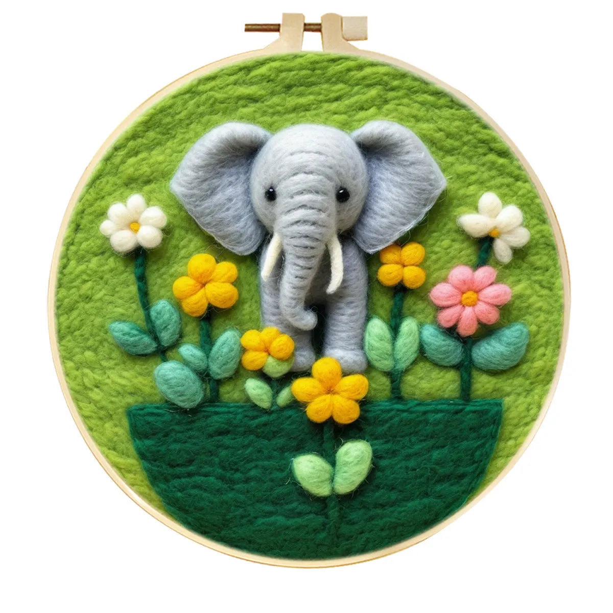 Round 20x20 cm linen embroidery kit with wool felt pieces for floral design and included embroidery frame.