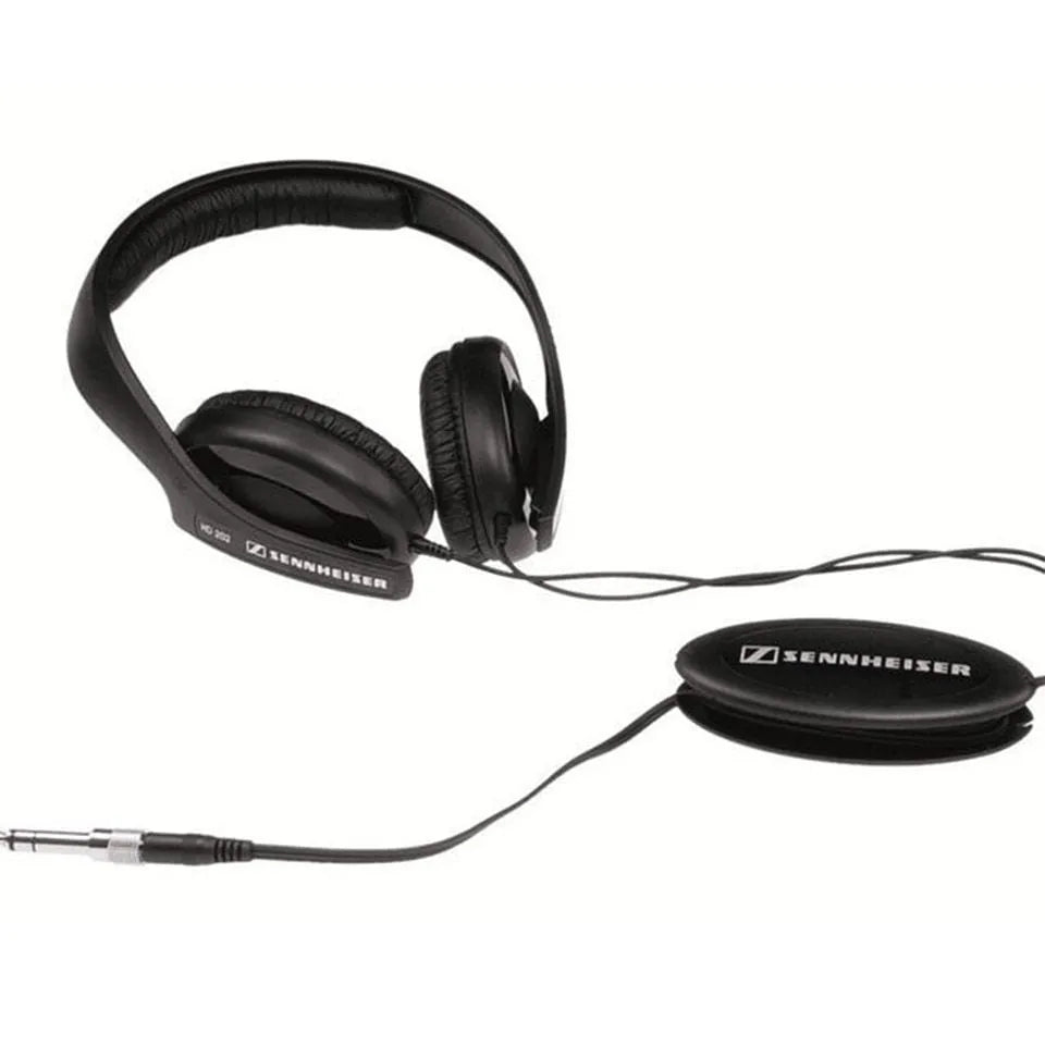 Black stereo headphones with head-mounted design, 40mm speakers, and integrated cable with microphone