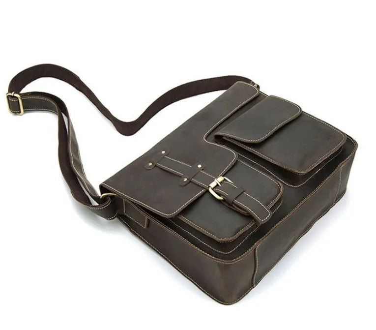 Leather vintage messenger bag crossbody satchel with adjustable strap