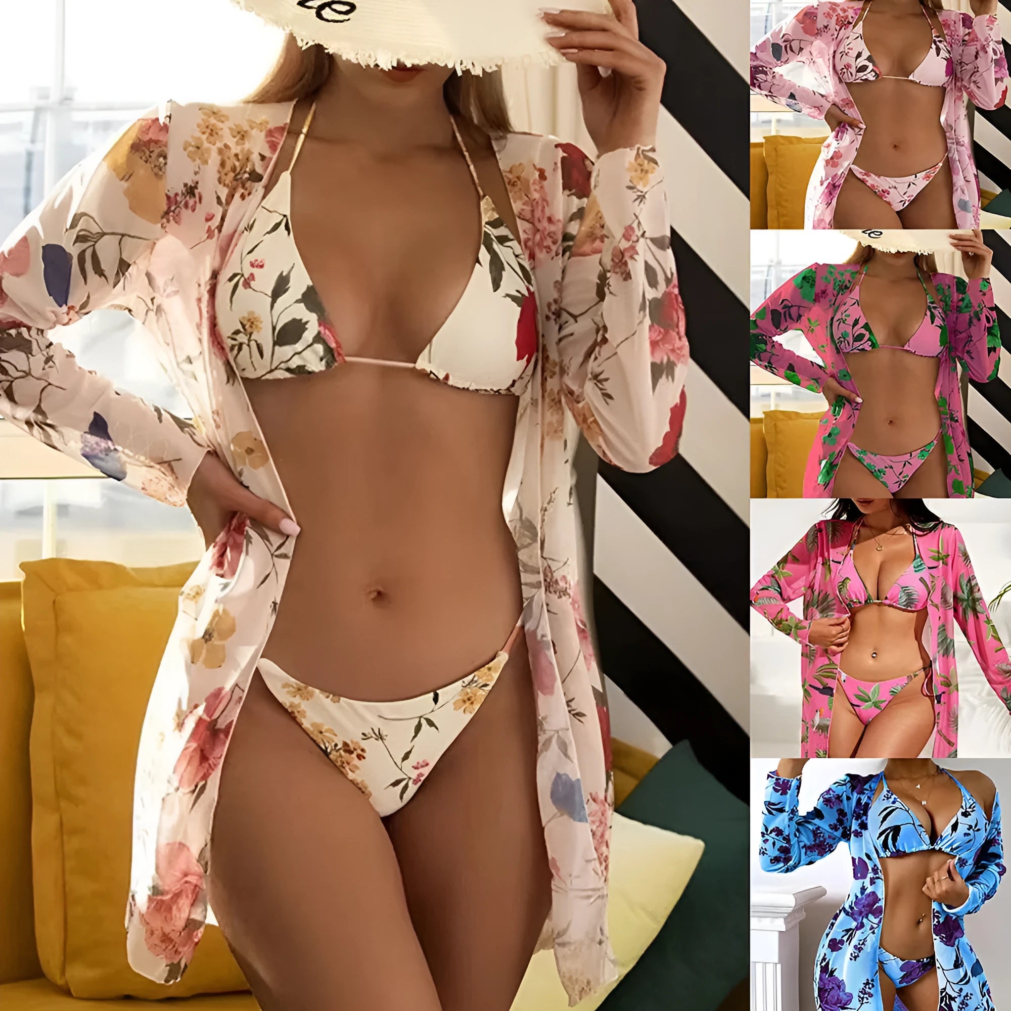 Women's floral printed mesh three-piece swimsuit set showing bra, swim trunks, and cover-up blouse